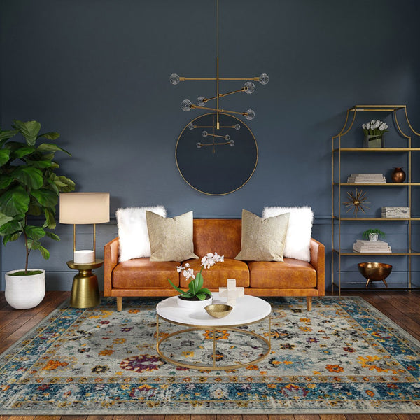 HomeRoots 5' Gray Blue and Orange Area Rug - Durable Persian Floral Design, Stain-Resistant, Ideal for Homes 8' x 11' 531545