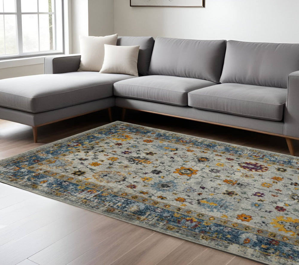 HomeRoots 5' Gray Blue and Orange Area Rug - Durable Persian Floral Design, Stain-Resistant, Ideal for Homes 8' x 11' 531545