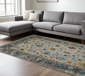 HomeRoots 5' Gray Blue and Orange Area Rug - Durable Persian Floral Design, Stain-Resistant, Ideal for Homes 8' x 11' 531545