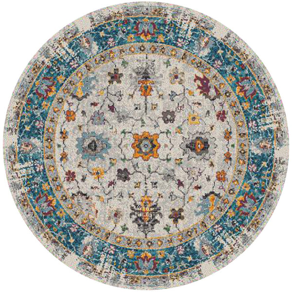 HomeRoots 5' Gray Blue and Orange Area Rug - Durable Persian Floral Design, Stain-Resistant, Ideal for Homes 7' Round Round 531546