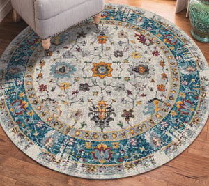 HomeRoots 5' Gray Blue and Orange Area Rug - Durable Persian Floral Design, Stain-Resistant, Ideal for Homes 7' Round Round 531546