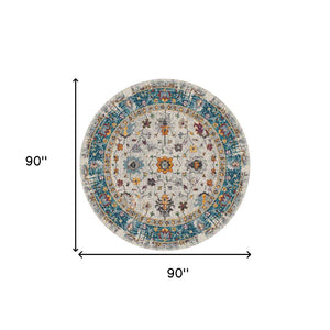 HomeRoots 5' Gray Blue and Orange Area Rug - Durable Persian Floral Design, Stain-Resistant, Ideal for Homes 7' Round Round 531546