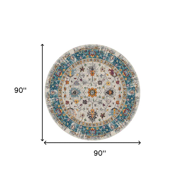 HomeRoots 5' Gray Blue and Orange Area Rug - Durable Persian Floral Design, Stain-Resistant, Ideal for Homes 7' Round Round 531546