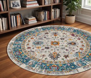 HomeRoots 5' Gray Blue and Orange Area Rug - Durable Persian Floral Design, Stain-Resistant, Ideal for Homes 7' Round Round 531546