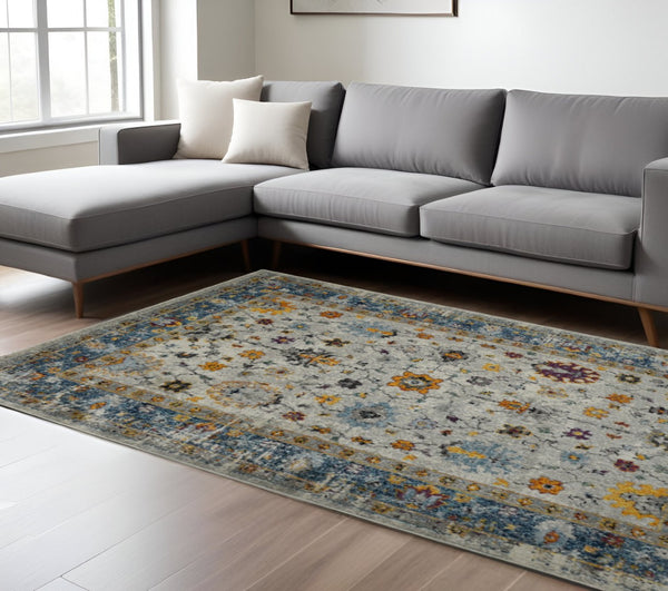 HomeRoots 5' Gray Blue and Orange Area Rug - Durable Persian Floral Design, Stain-Resistant, Ideal for Homes 9' x 12' 531547