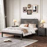 Farmhouse Full Size Bed Set w/ 2 Bedside Lights, 2-Drawer Nightstand - Antique Gray