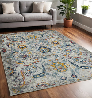 HomeRoots 5' Versatile Transitional Gray-Blue and Orange Area Rug - Durable, Stain-Resistant, Stylish Design! 5' x 7' 531551