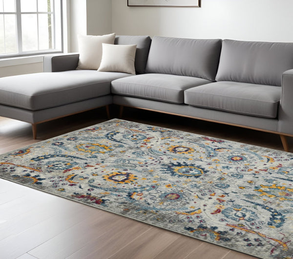 HomeRoots 5' Versatile Transitional Gray-Blue and Orange Area Rug - Durable, Stain-Resistant, Stylish Design! 8' x 11' 531552