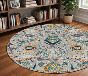 HomeRoots 5' Versatile Transitional Gray-Blue and Orange Area Rug - Durable, Stain-Resistant, Stylish Design! 7' Round 531553
