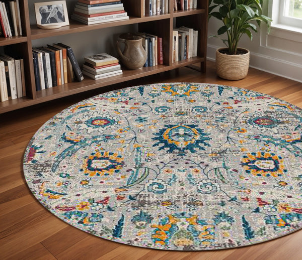 HomeRoots 5' Versatile Transitional Gray-Blue and Orange Area Rug - Durable, Stain-Resistant, Stylish Design! 7' Round 531553