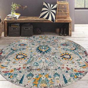 HomeRoots 5' Versatile Transitional Gray-Blue and Orange Area Rug - Durable, Stain-Resistant, Stylish Design! 7' Round 531553