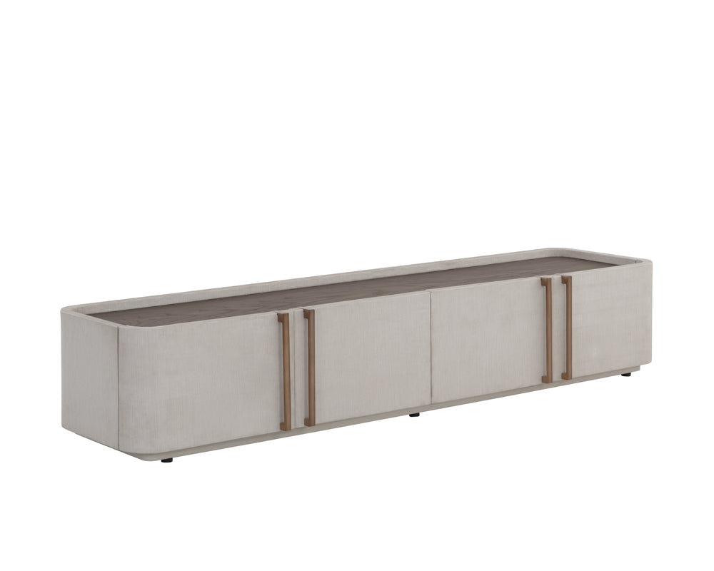Sunpan Jamille Contemporary Media Console & Cabinet with Cream Faux Leather & Warm Brass Steel Base