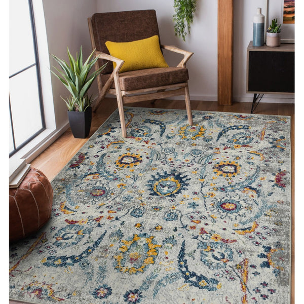 HomeRoots 5' Versatile Transitional Gray-Blue and Orange Area Rug - Durable, Stain-Resistant, Stylish Design! 9' x 12' 531554