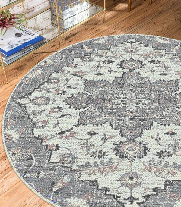 HomeRoots 5' Modern Gray and Dark Gray Area Rug - Durable, Stain-Resistant, Stylish for Busy Homes and Pets 7' Round 531560