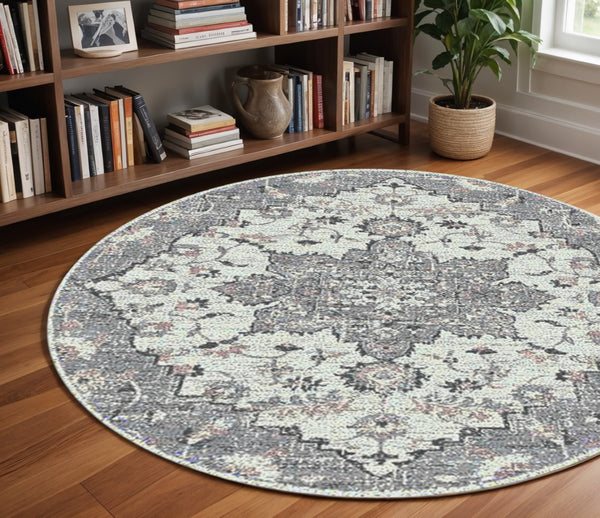 HomeRoots 5' Modern Gray and Dark Gray Area Rug - Durable, Stain-Resistant, Stylish for Busy Homes and Pets 7' Round 531560