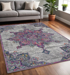 HomeRoots 5' Stylish Pink, Gray, and Blue Transitional Area Rug for Homes with Kids and Pets - Durable & Easy Care 5' x 7' 531565