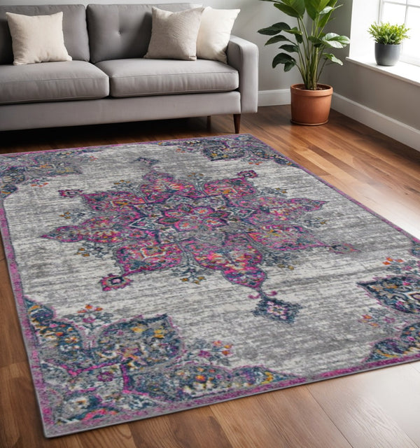 HomeRoots 5' Stylish Pink, Gray, and Blue Transitional Area Rug for Homes with Kids and Pets - Durable & Easy Care 5' x 7' 531565