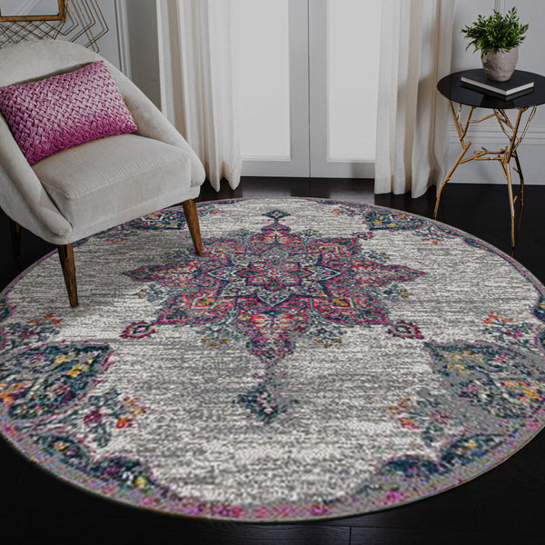 Homeroots 7' Pink Medallion Power Loom Round Rug  Polypropylene 531567