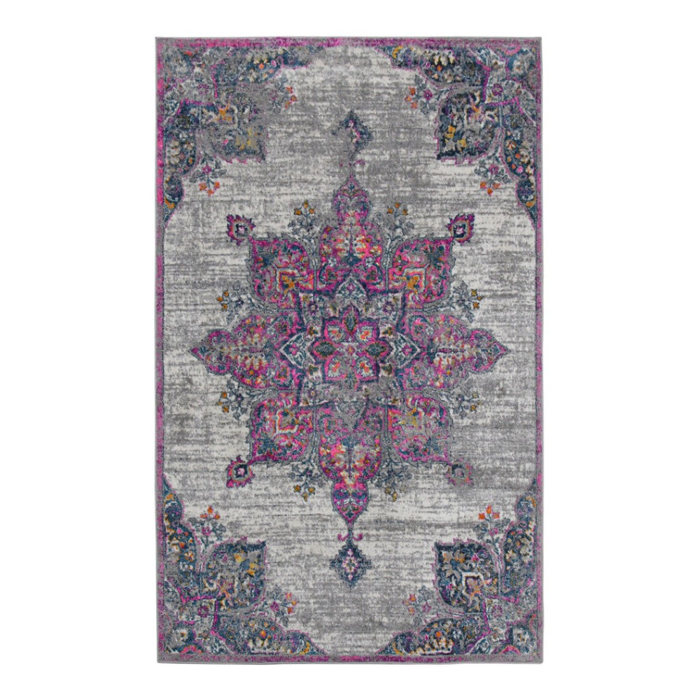 HomeRoots 5' Stylish Pink, Gray, and Blue Transitional Area Rug for Homes with Kids and Pets - Durable & Easy Care 9' x 12' 531568