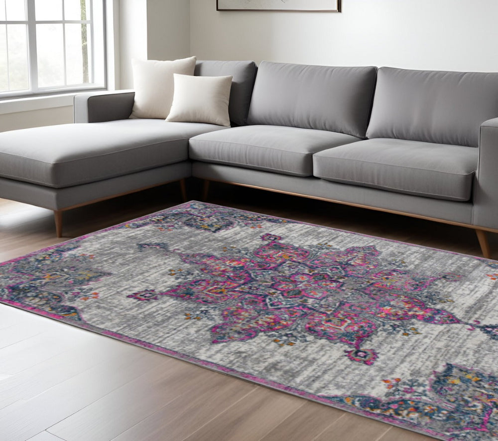 HomeRoots 5' Stylish Pink, Gray, and Blue Transitional Area Rug for Homes with Kids and Pets - Durable & Easy Care 9' x 12' 531568