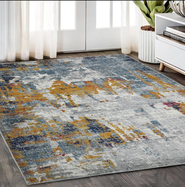 HomeRoots 5' Vibrant Blue, Orange & Gray Area Rug - Durable, Stain-Resistant Design for Modern Living Spaces 5' x 7' 531572