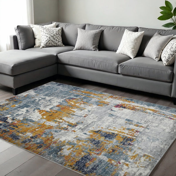 HomeRoots 5' Vibrant Blue, Orange & Gray Area Rug - Durable, Stain-Resistant Design for Modern Living Spaces 8' x 11' 531573