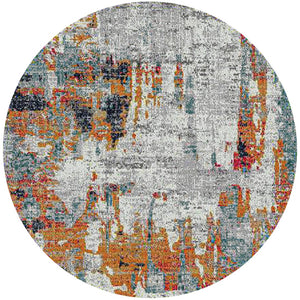 HomeRoots 5' Vibrant Blue, Orange & Gray Area Rug - Durable, Stain-Resistant Design for Modern Living Spaces 7' Round 531574