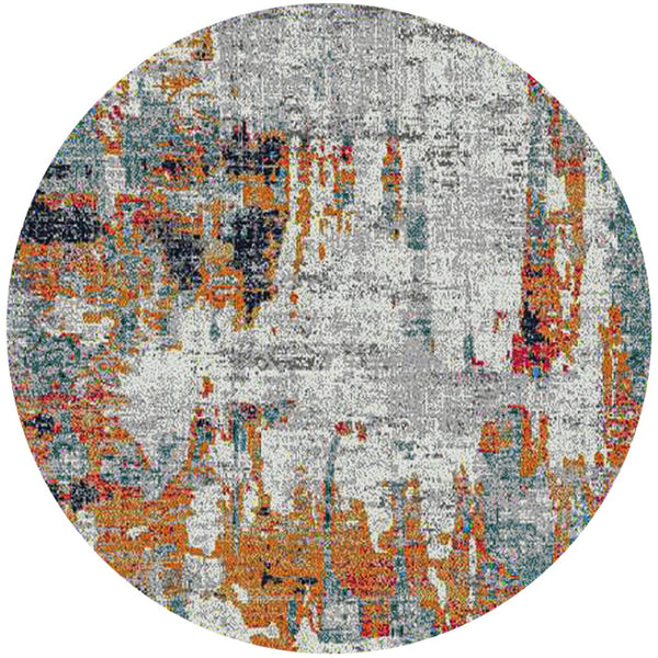HomeRoots 5' Vibrant Blue, Orange & Gray Area Rug - Durable, Stain-Resistant Design for Modern Living Spaces 7' Round 531574