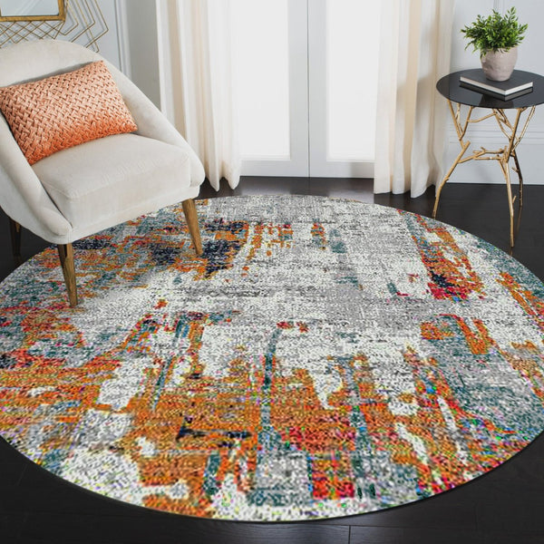HomeRoots 5' Vibrant Blue, Orange & Gray Area Rug - Durable, Stain-Resistant Design for Modern Living Spaces 7' Round 531574
