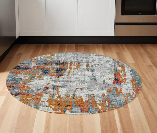 HomeRoots 5' Vibrant Blue, Orange & Gray Area Rug - Durable, Stain-Resistant Design for Modern Living Spaces 7' Round 531574