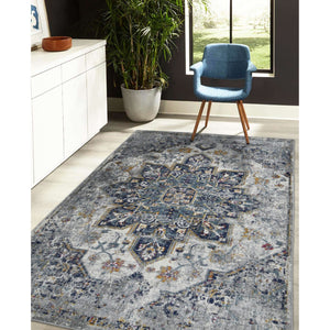 HomeRoots 5' Elegant Gray-Blue and Brown Area Rug - Power-Loomed, Stain-Resistant, Ideal for High-Traffic Spaces 5' x 7' 531579