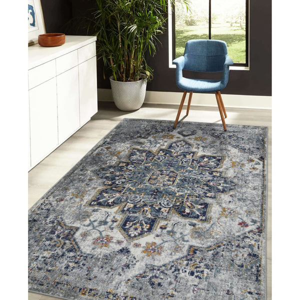 HomeRoots 5' Elegant Gray-Blue and Brown Area Rug - Power-Loomed, Stain-Resistant, Ideal for High-Traffic Spaces 5' x 7' 531579