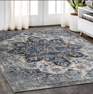 HomeRoots 5' Elegant Gray-Blue and Brown Area Rug - Power-Loomed, Stain-Resistant, Ideal for High-Traffic Spaces 5' x 7' 531579