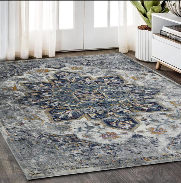 HomeRoots 5' Elegant Gray-Blue and Brown Area Rug - Power-Loomed, Stain-Resistant, Ideal for High-Traffic Spaces 5' x 7' 531579