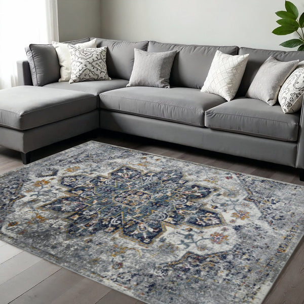 HomeRoots 5' Elegant Gray-Blue and Brown Area Rug - Power-Loomed, Stain-Resistant, Ideal for High-Traffic Spaces 8' x 11' 531580