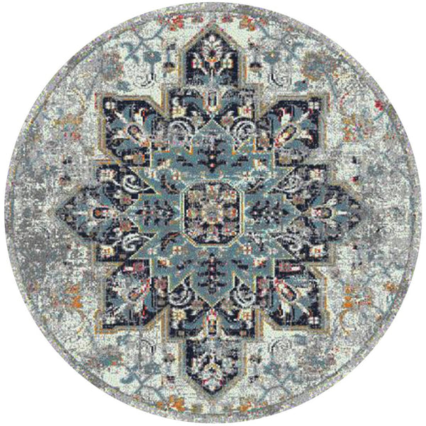 HomeRoots 5' Elegant Gray-Blue and Brown Area Rug - Power-Loomed, Stain-Resistant, Ideal for High-Traffic Spaces 7' Round 531581