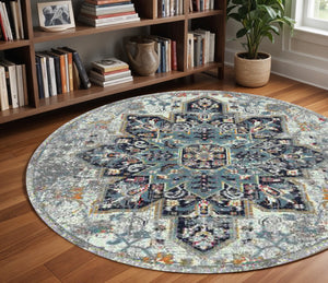 HomeRoots 5' Elegant Gray-Blue and Brown Area Rug - Power-Loomed, Stain-Resistant, Ideal for High-Traffic Spaces 7' Round 531581