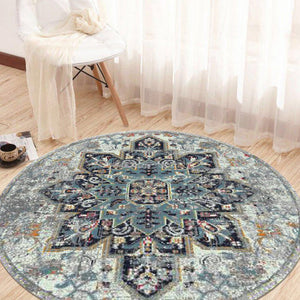 HomeRoots 5' Elegant Gray-Blue and Brown Area Rug - Power-Loomed, Stain-Resistant, Ideal for High-Traffic Spaces 7' Round 531581