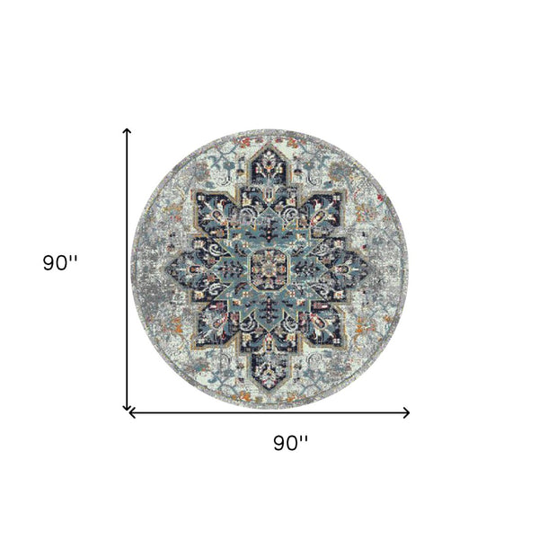 HomeRoots 5' Elegant Gray-Blue and Brown Area Rug - Power-Loomed, Stain-Resistant, Ideal for High-Traffic Spaces 7' Round 531581