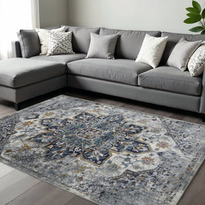HomeRoots 5' Elegant Gray-Blue and Brown Area Rug - Power-Loomed, Stain-Resistant, Ideal for High-Traffic Spaces 9' x 12' 531582