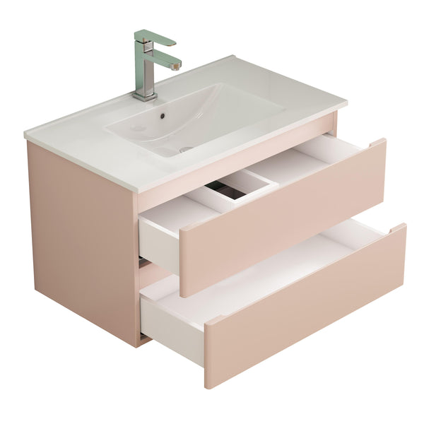 English Elm 32-Inch Modern Wall-Mounted Bathroom Vanity With Ceramic Sink, Soft-Close Drawers, Stylish Pink Finish W3151S00045