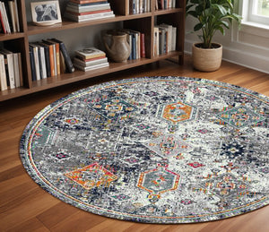 HomeRoots 5' Area Rug - Modern Blue-Gray and Rust Geometric Design for Stylish, Durable Home Décor Solutions 7' Round 531595