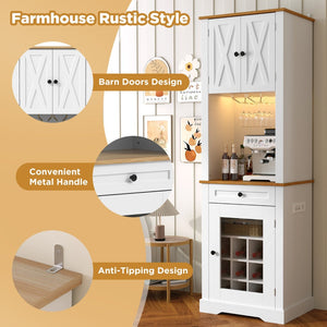 English Elm Bar Cabinet Farmhouse 69 Inch with Rgb Led Barn Door Wine Rack and Charging Station White N728P438603W