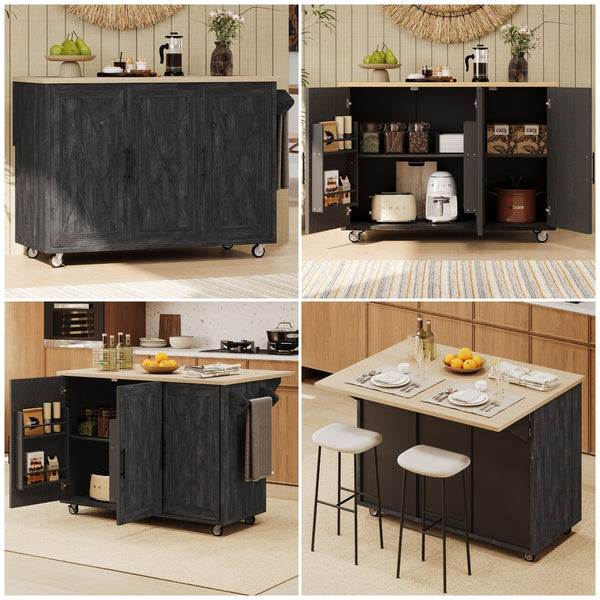 English Elm K&K Farmhouse Kitchen Island with Geometric Twill Doors, ASH Bark Top, Drop Leaf & Lockable Wheels Black N707P221444B