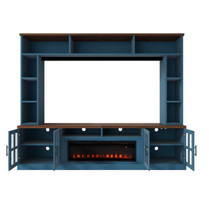 English Elm U-can Modern Farmhouse Wall Unit with Electric Fireplace Bookshelves and Glass Cabinet Doors Navy Blue SJ000153AAN