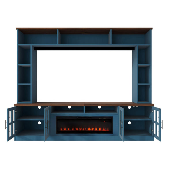 English Elm U-can Modern Farmhouse Wall Unit with Electric Fireplace Bookshelves and Glass Cabinet Doors Navy Blue SJ000153AAN