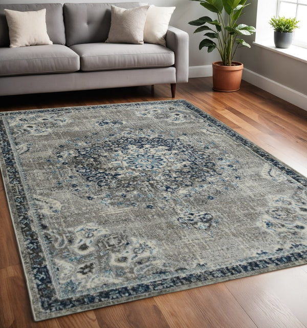 HomeRoots 5' Bohemian-Inspired Teal Gray Ivory Area Rug - Durable, Stain-Resistant, and Stylish for Any Space 5' x 7' 531600