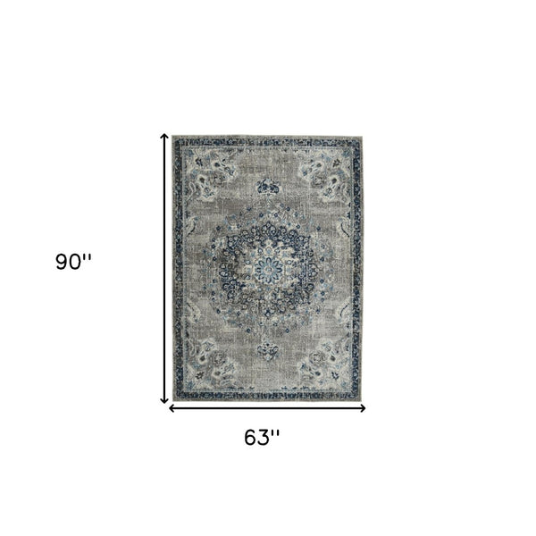 HomeRoots 5' Bohemian-Inspired Teal Gray Ivory Area Rug - Durable, Stain-Resistant, and Stylish for Any Space 5' x 7' 531600
