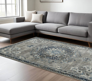 HomeRoots 5' Bohemian-Inspired Teal Gray Ivory Area Rug - Durable, Stain-Resistant, and Stylish for Any Space 8' x 11' 531601