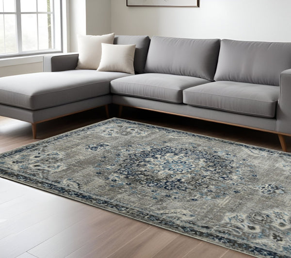 HomeRoots 5' Bohemian-Inspired Teal Gray Ivory Area Rug - Durable, Stain-Resistant, and Stylish for Any Space 8' x 11' 531601